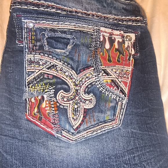 Rock Revival Blue Denim Jeans with Red Flame & Patch Accents - Picture 5 of 6